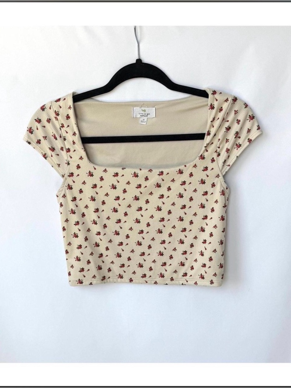 Square Neck Cream Crop Top with Red Floral Print